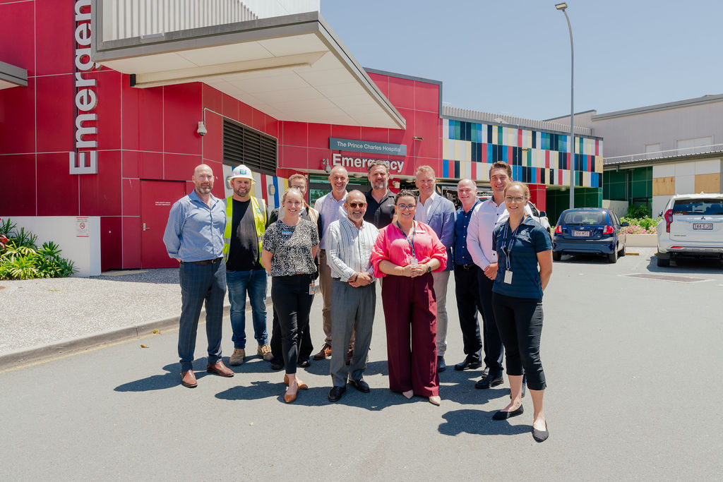 A group of people standing out the front of The Prince Charles Hospital emergency department.